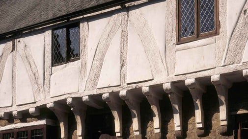 A close up of the white timbers of Aberconwy House